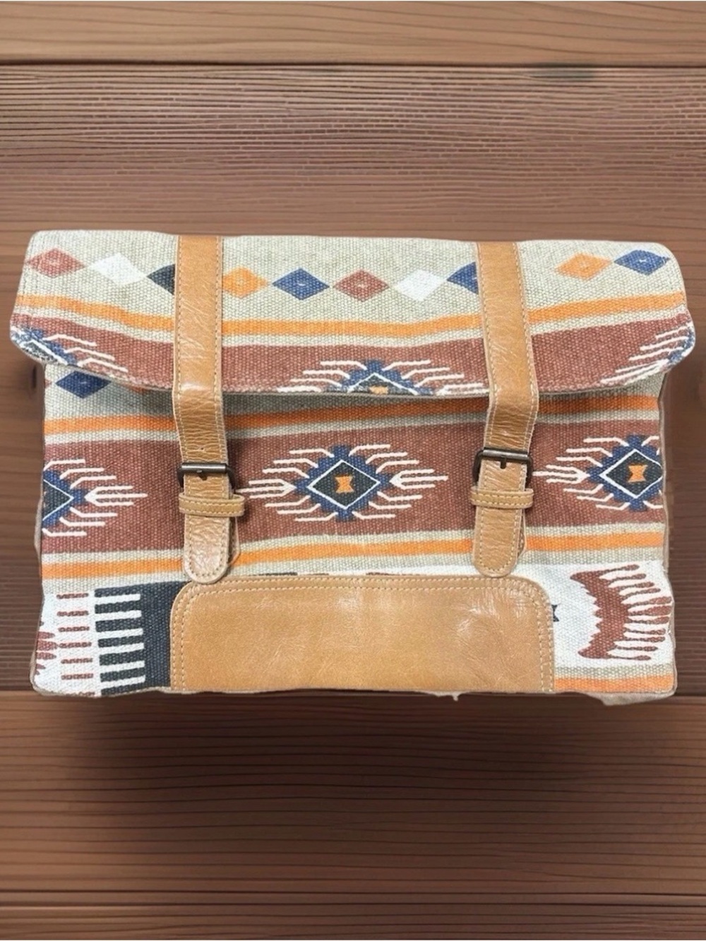 HopoFly Canvas Aztec/Tribal Pattern Messenger Bag with Tan Leather Trim